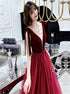 Burgundy V Neck Tulle Velvet Prom Dress LBQ1406